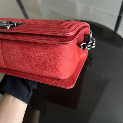 Caviar Boy Old Medium 25CM Quilted Suede Calfskin Red Leboy Silver Hardware Series 18