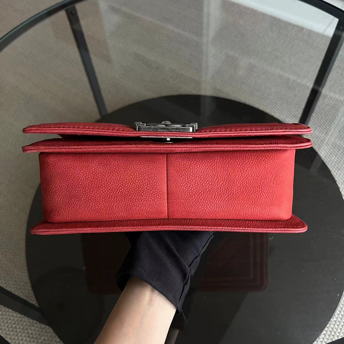 Caviar Boy Old Medium 25CM Quilted Suede Calfskin Red Leboy Silver Hardware Series 18