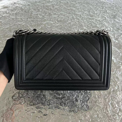 Caviar Boy Old Medium Chevron Grained Calfskin Black Silver Hardware Series 25