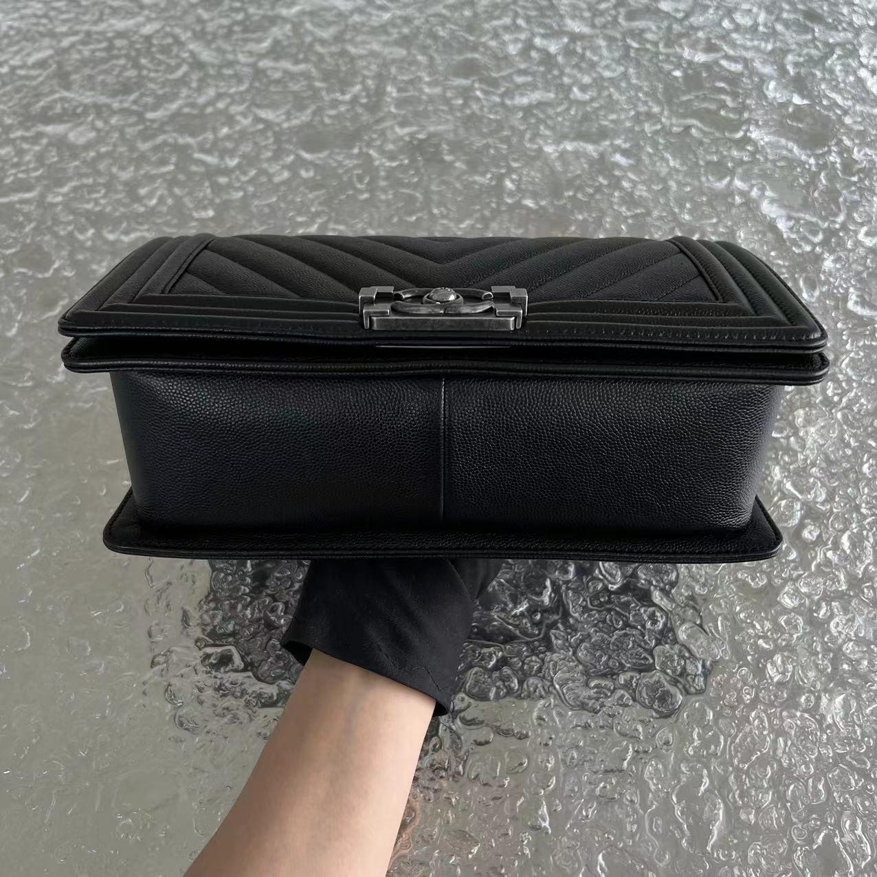 Caviar Boy Old Medium Chevron Grained Calfskin Black Silver Hardware Series 25