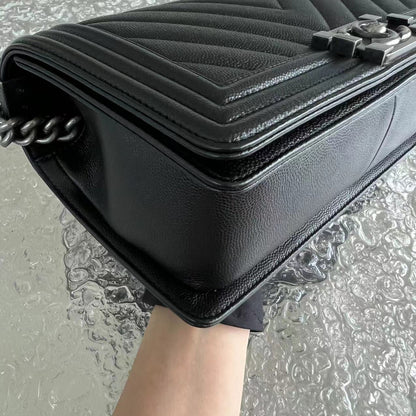 Caviar Boy Old Medium Chevron Grained Calfskin Black Silver Hardware Series 25