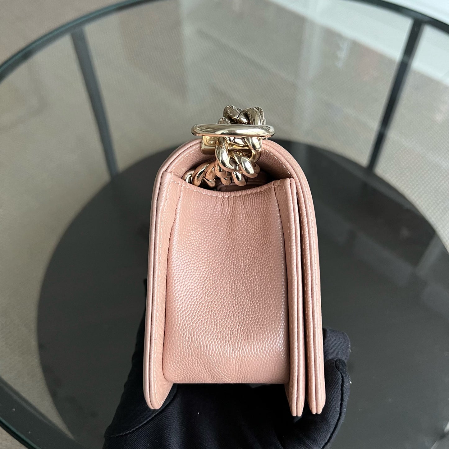 Caviar Boy Small 20CM Chevron Pink Nude Grained Calfskin Gold Hardware Series 25