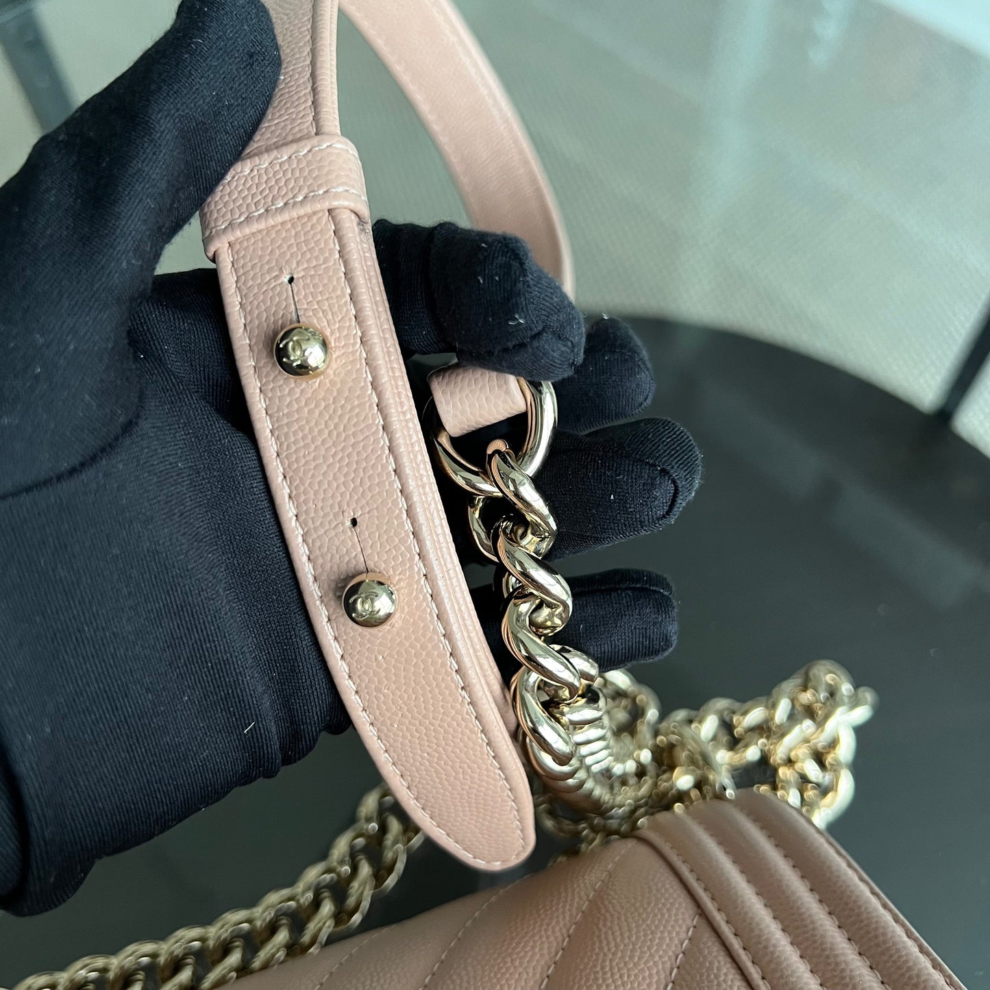 Caviar Boy Small 20CM Chevron Pink Nude Grained Calfskin Gold Hardware Series 25