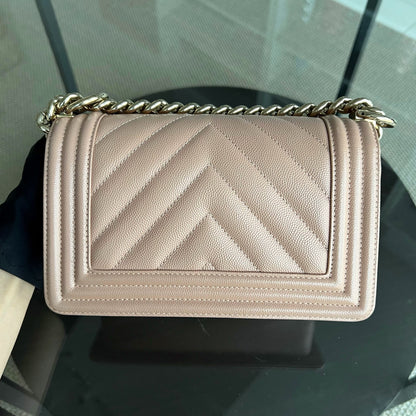 Caviar Boy Small 20CM Chevron Pink Nude Grained Calfskin Gold Hardware Series 25