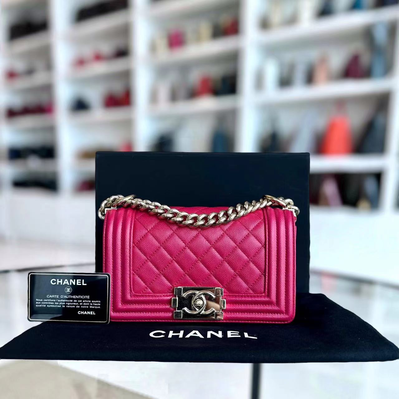 Caviar Boy Small 20CM Quilted Grained Calfskin Hot Pink Leboy Golden Hardware Series 23