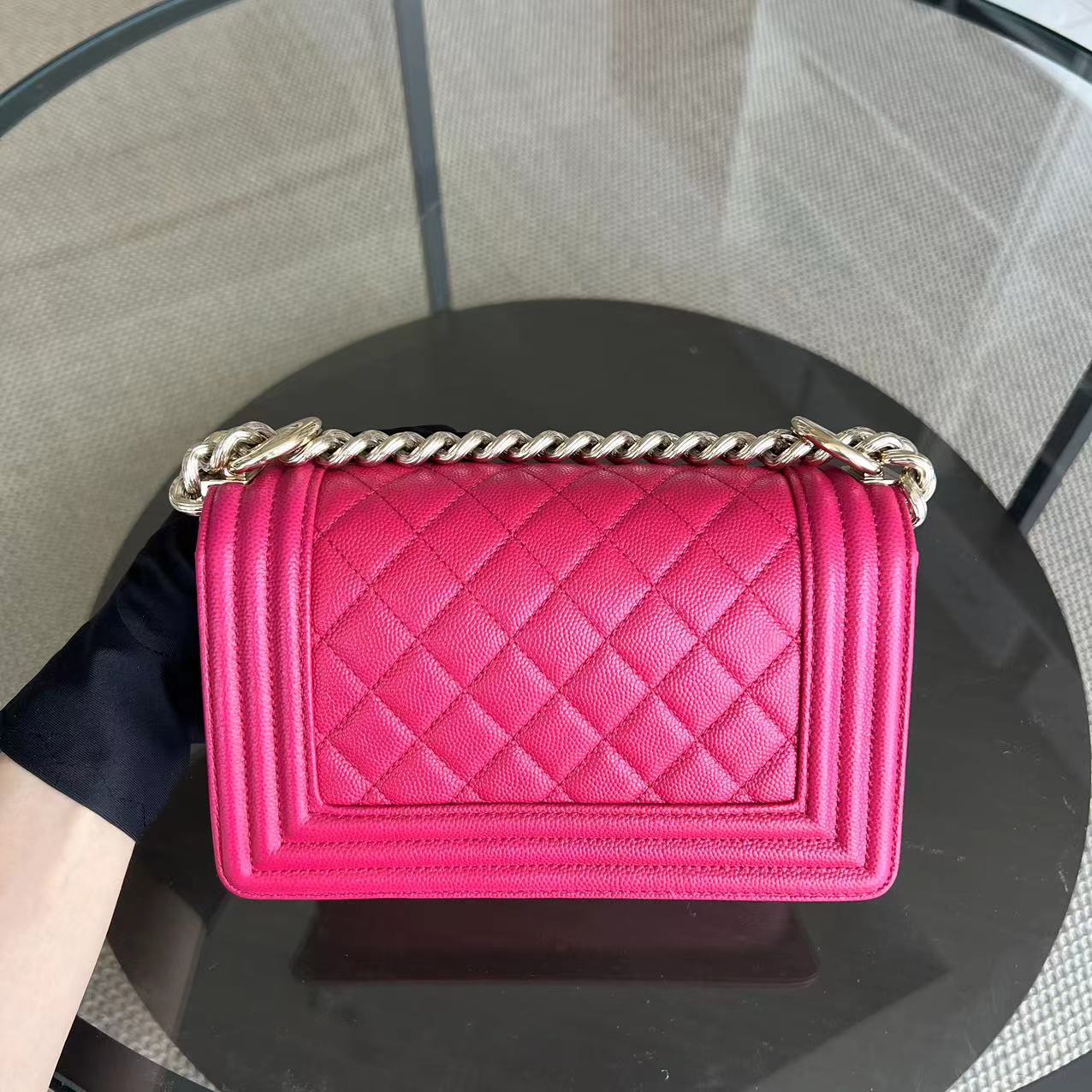 Caviar Boy Small 20CM Quilted Grained Calfskin Hot Pink Leboy Golden Hardware Series 23
