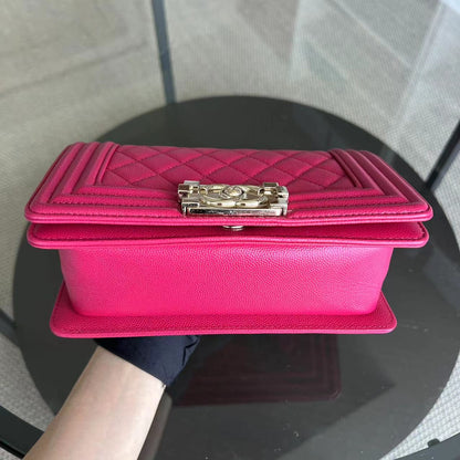 Caviar Boy Small 20CM Quilted Grained Calfskin Hot Pink Leboy Golden Hardware Series 23
