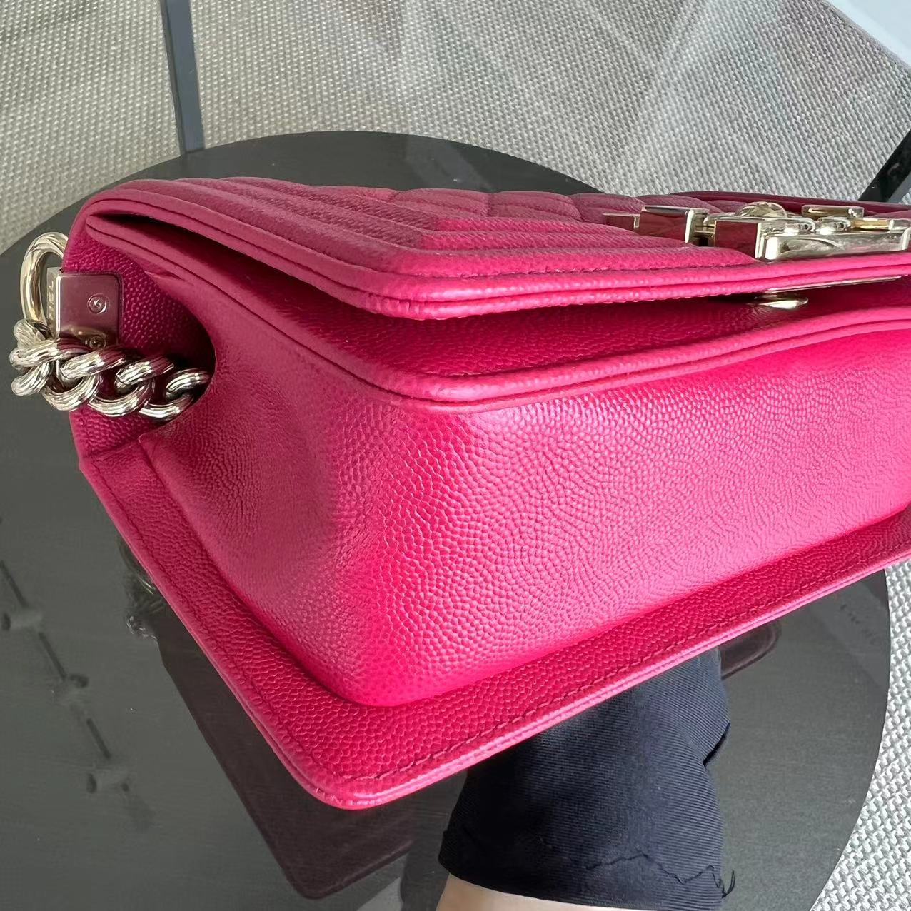 Caviar Boy Small 20CM Quilted Grained Calfskin Hot Pink Leboy Golden Hardware Series 23