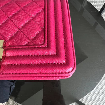 Caviar Boy Small 20CM Quilted Grained Calfskin Hot Pink Leboy Golden Hardware Series 23