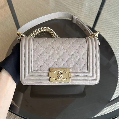 Caviar Boy Small 20CM Quilted Grained Calfskin Light Grey Gray Golden Hardware Series 23