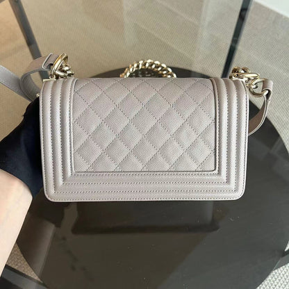 Caviar Boy Small 20CM Quilted Grained Calfskin Light Grey Gray Golden Hardware Series 23