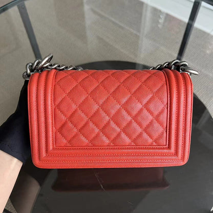 Caviar Boy Small 20CM Quilted Grained Calfskin Orange Ruthenium Silver Hardware Series 26
