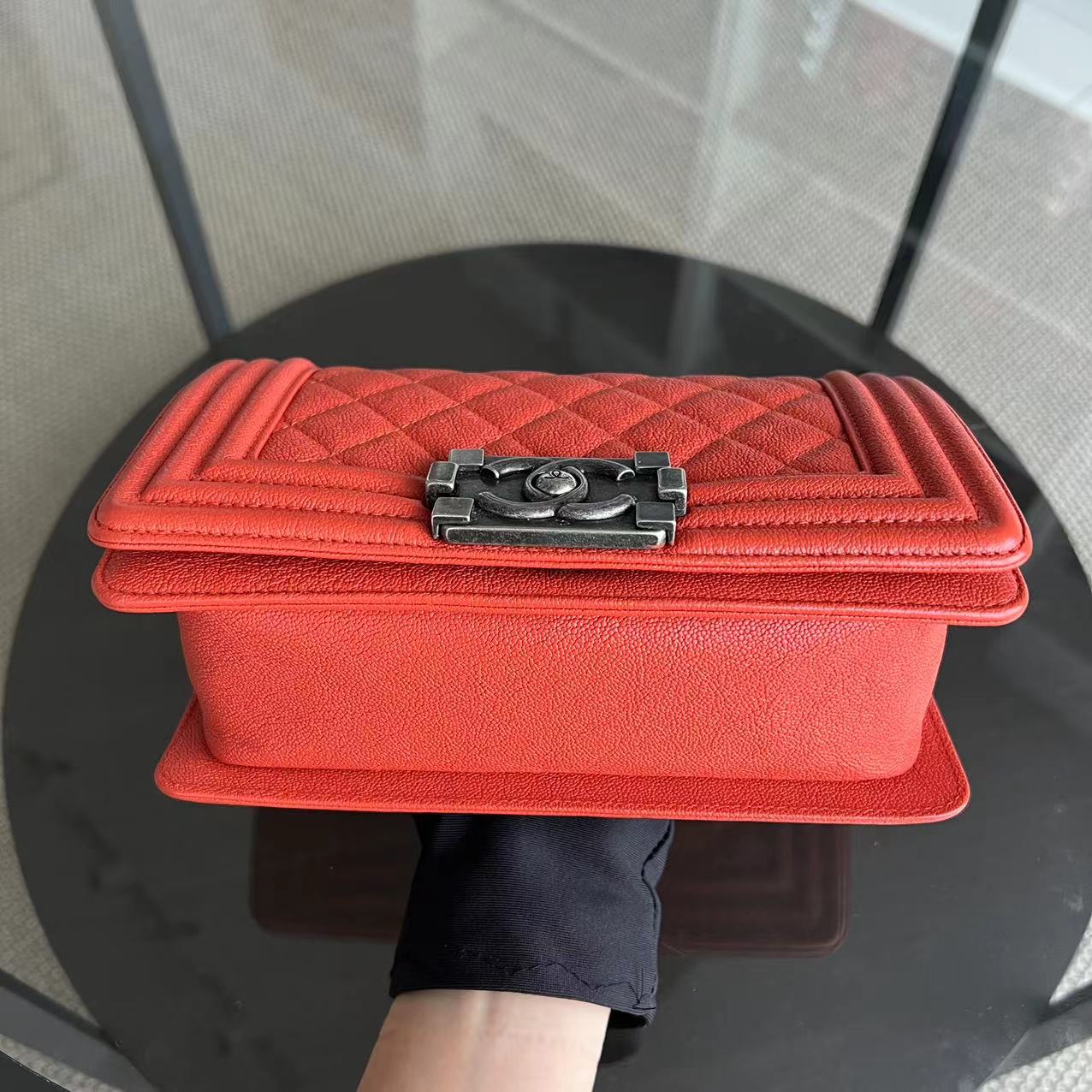Caviar Boy Small 20CM Quilted Grained Calfskin Orange Ruthenium Silver Hardware Series 26