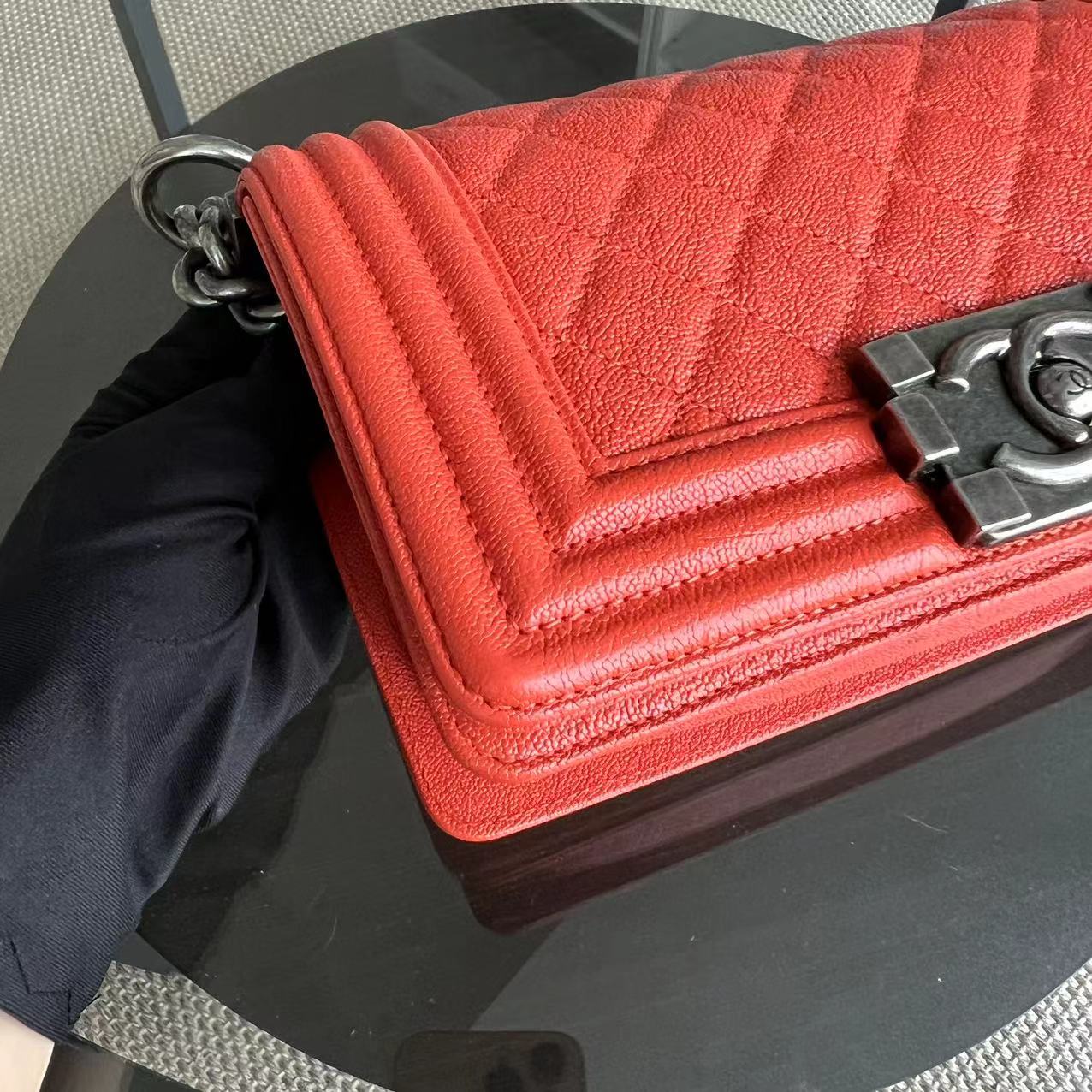 Caviar Boy Small 20CM Quilted Grained Calfskin Orange Ruthenium Silver Hardware Series 26