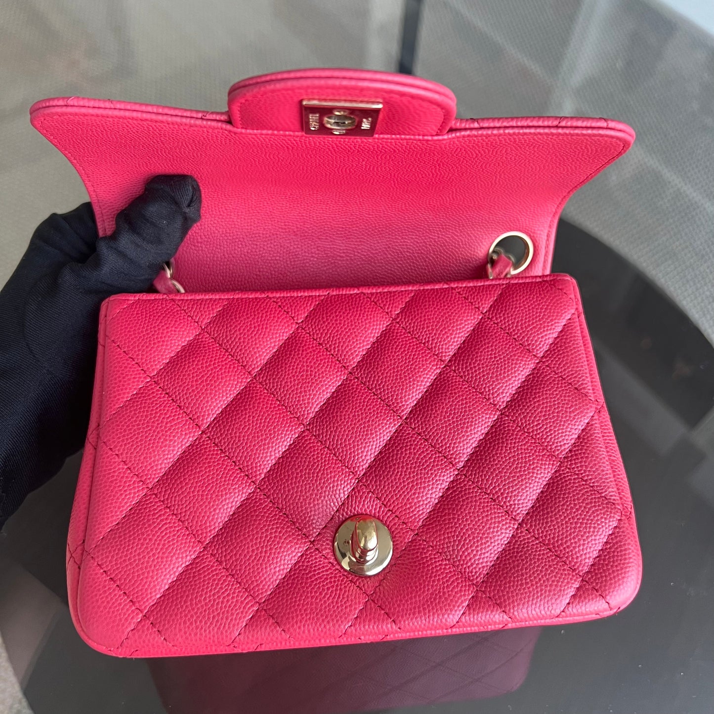 Caviar Classic Flap Mini Square Quilted Grained Calfskin Red Hot Pink Golden Hardware Series 23