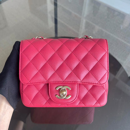 Caviar Classic Flap Mini Square Quilted Grained Calfskin Red Hot Pink Golden Hardware Series 23