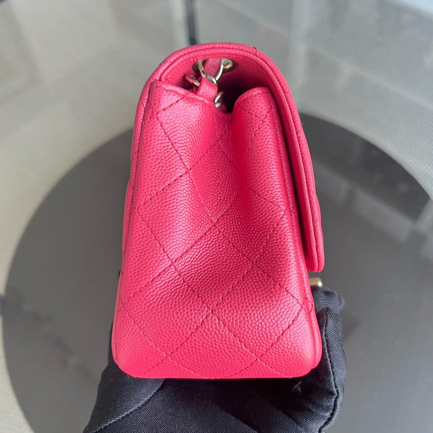 Caviar Classic Flap Mini Square Quilted Grained Calfskin Red Hot Pink Golden Hardware Series 23