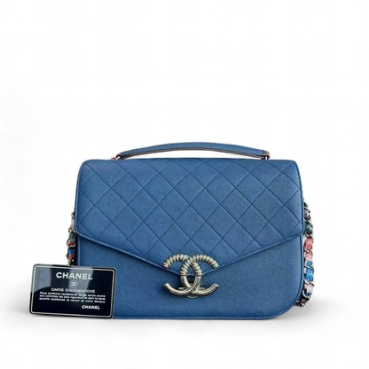 Chane Coco Curve Cuba - Medium Caviar Quilted Grained Calfskin Blue Cross Body Golden Hardware Series 23