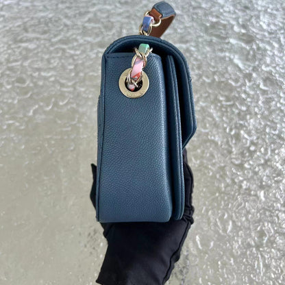 Chane Coco Curve Cuba - Medium Caviar Quilted Grained Calfskin Blue Cross Body Golden Hardware Series 23
