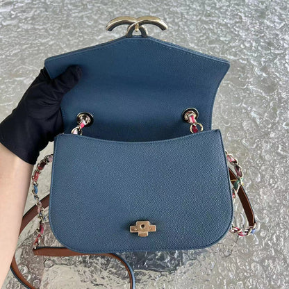 Chane Coco Curve Cuba - Medium Caviar Quilted Grained Calfskin Blue Cross Body Golden Hardware Series 23