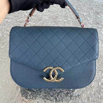 Chane Coco Curve Cuba - Medium Caviar Quilted Grained Calfskin Blue Cross Body Golden Hardware Series 23