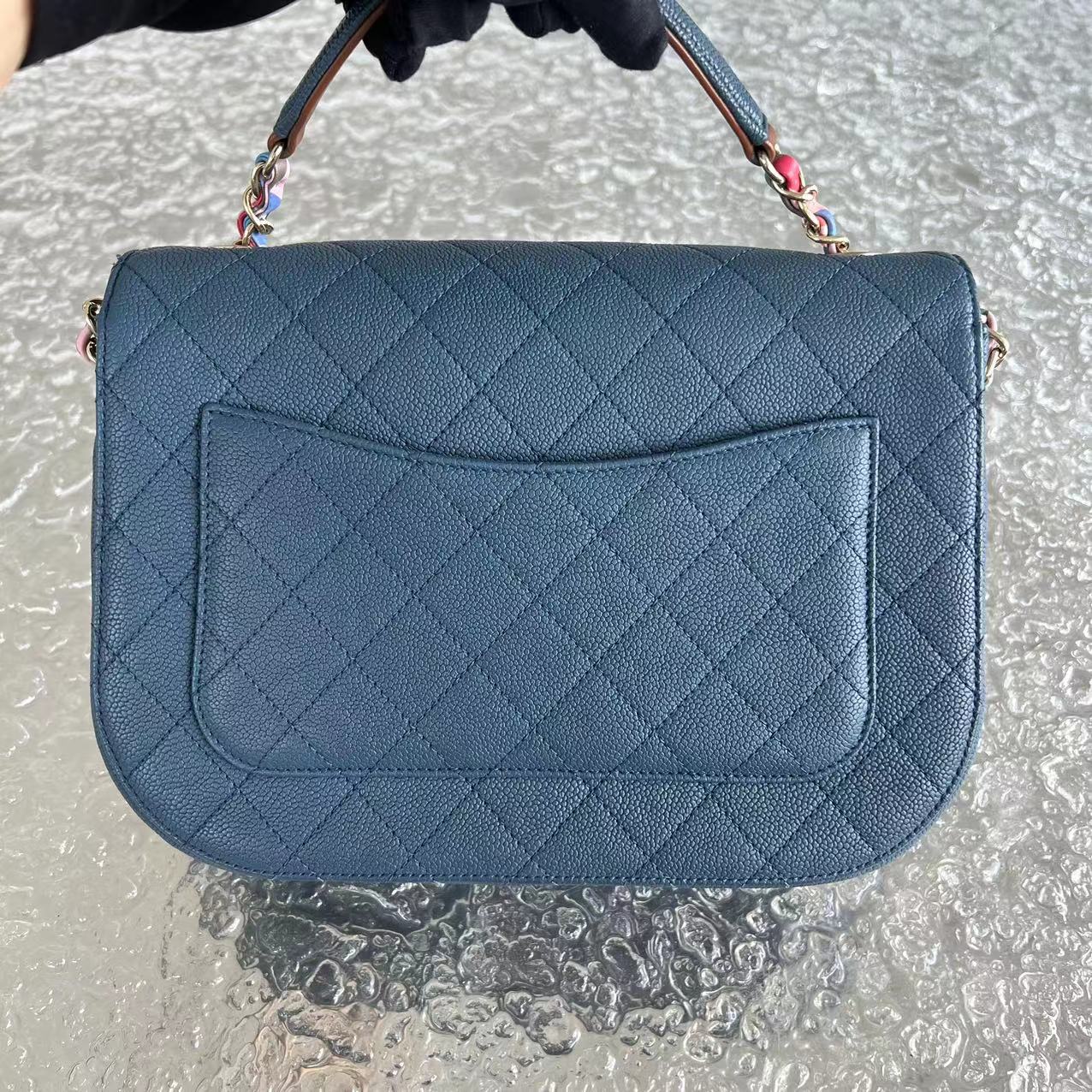 Chane Coco Curve Cuba - Medium Caviar Quilted Grained Calfskin Blue Cross Body Golden Hardware Series 23