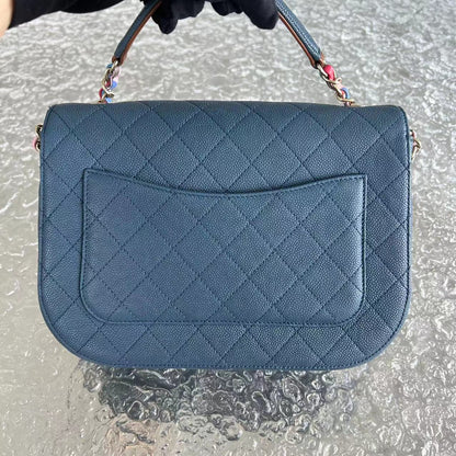 Chane Coco Curve Cuba - Medium Caviar Quilted Grained Calfskin Blue Cross Body Golden Hardware Series 23