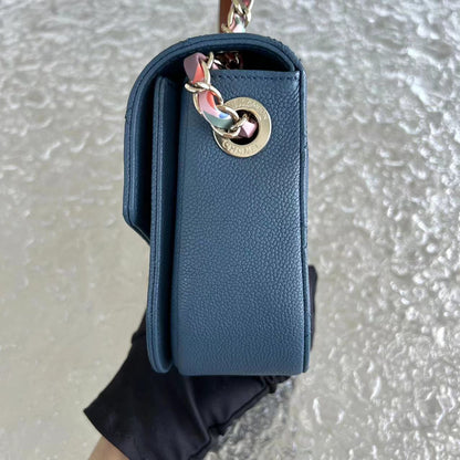 Chane Coco Curve Cuba - Medium Caviar Quilted Grained Calfskin Blue Cross Body Golden Hardware Series 23