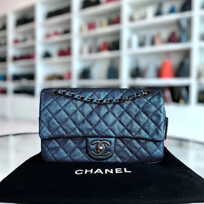 Caviar Easy Flap Zipper Quilted Calfskin Small Iridescent Blue SHW No 16
