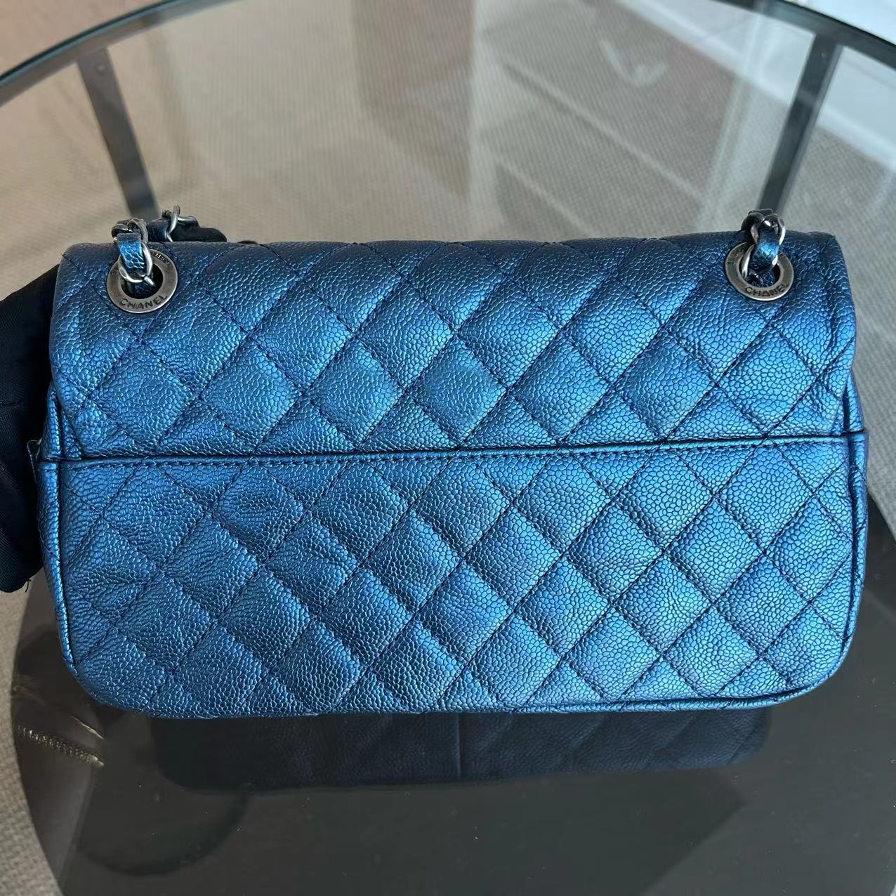 Caviar Easy Flap Zipper Quilted Calfskin Small Iridescent Blue SHW No 16