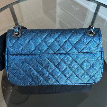 Caviar Easy Flap Zipper Quilted Calfskin Small Iridescent Blue SHW No 16
