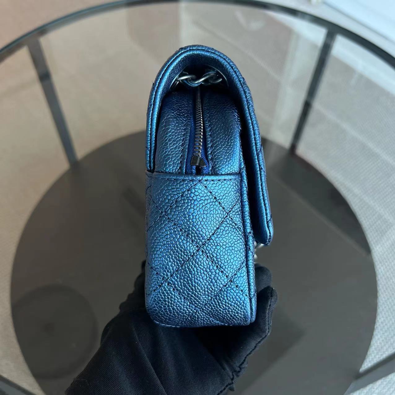 Caviar Easy Flap Zipper Quilted Calfskin Small Iridescent Blue SHW No 16