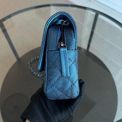Caviar Easy Flap Zipper Quilted Calfskin Small Iridescent Blue SHW No 16