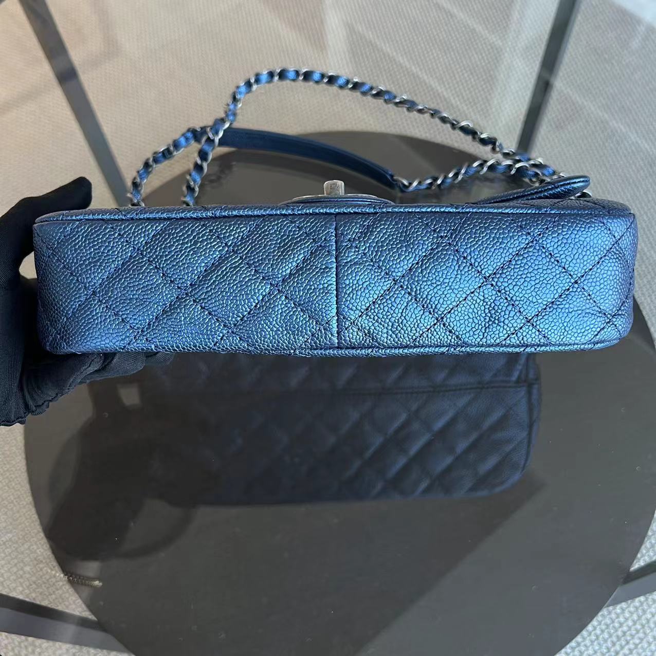 Caviar Easy Flap Zipper Quilted Calfskin Small Iridescent Blue SHW No 16