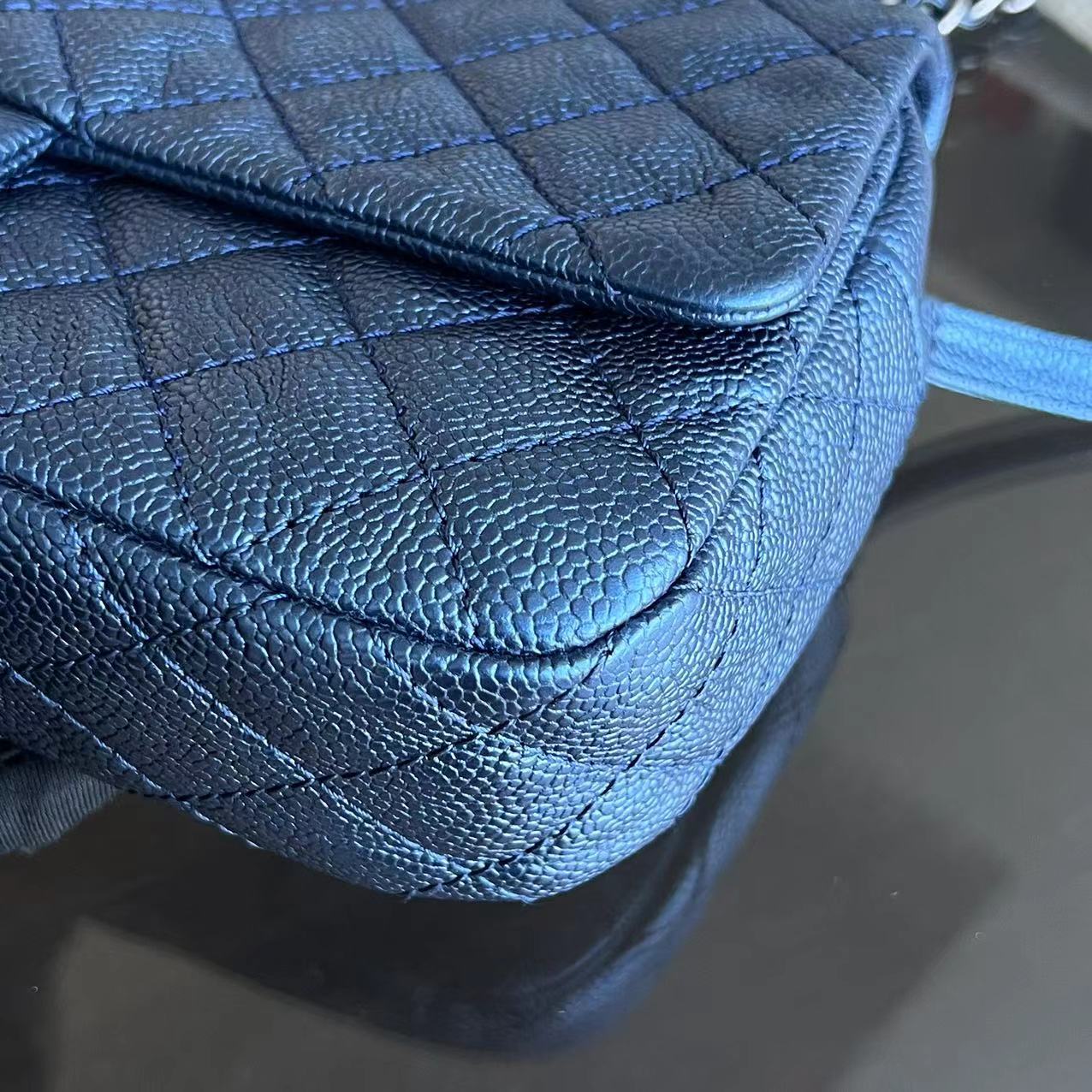 Caviar Easy Flap Zipper Quilted Calfskin Small Iridescent Blue SHW No 16