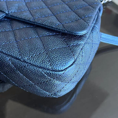 Caviar Easy Flap Zipper Quilted Calfskin Small Iridescent Blue SHW No 16