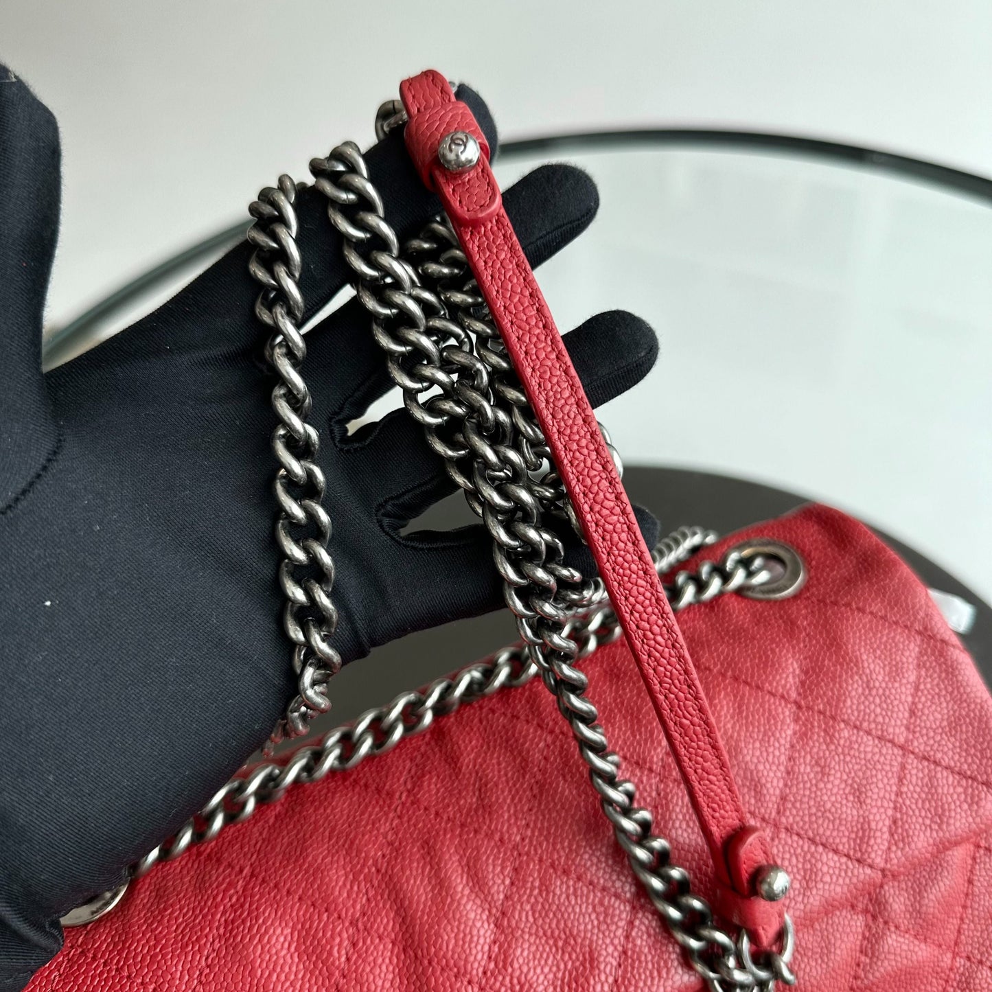 Caviar Flap Medium Triple Compartment Quilted Red RHW No 15