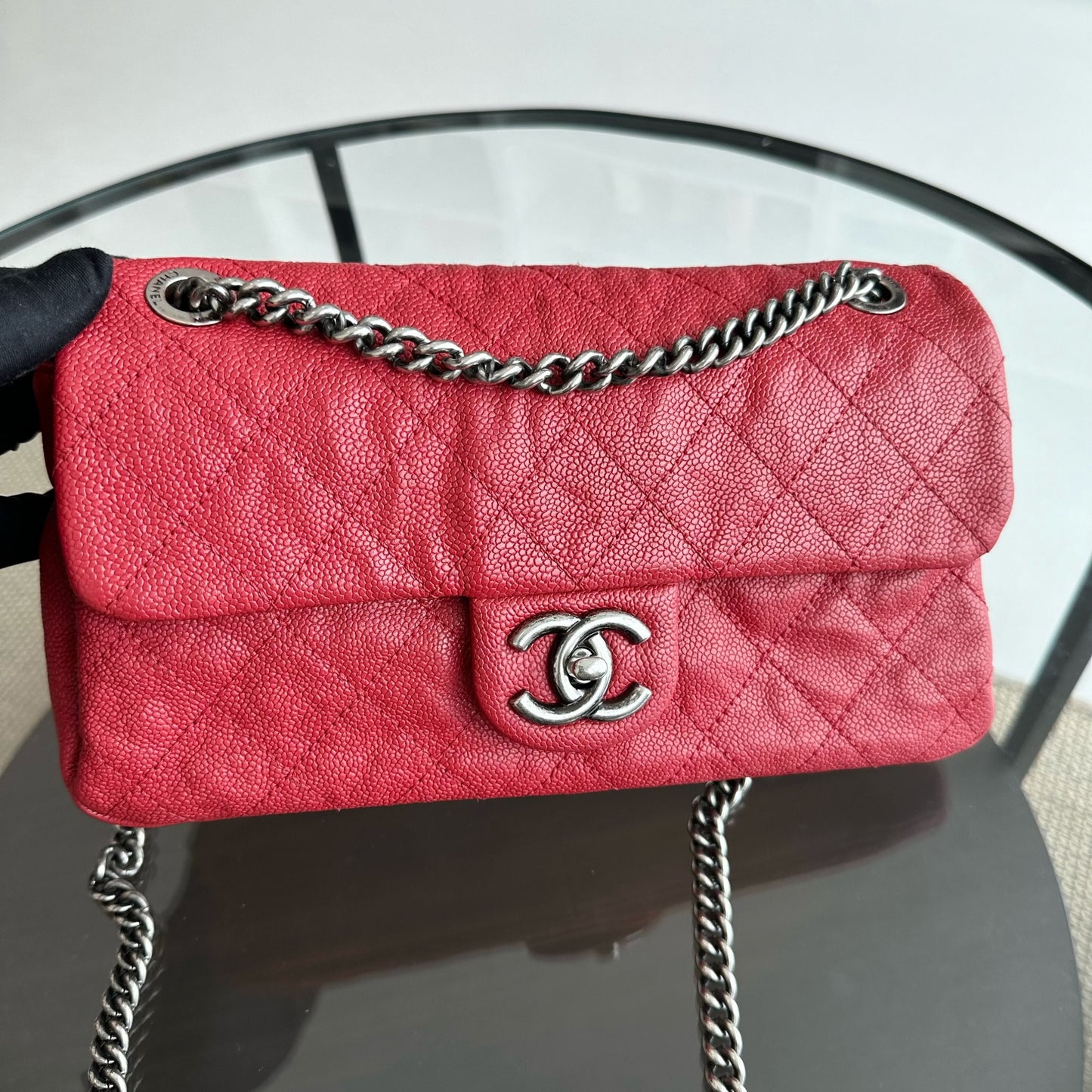 Caviar Flap Medium Triple Compartment Quilted Red RHW No 15