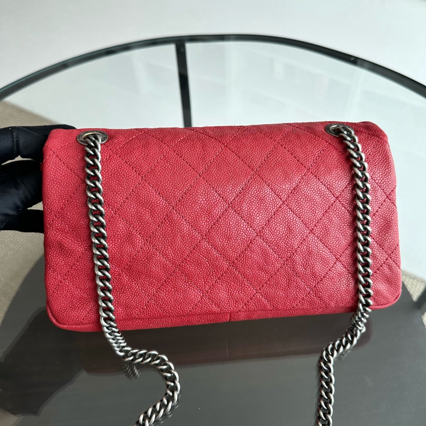 Caviar Flap Medium Triple Compartment Quilted Red RHW No 15