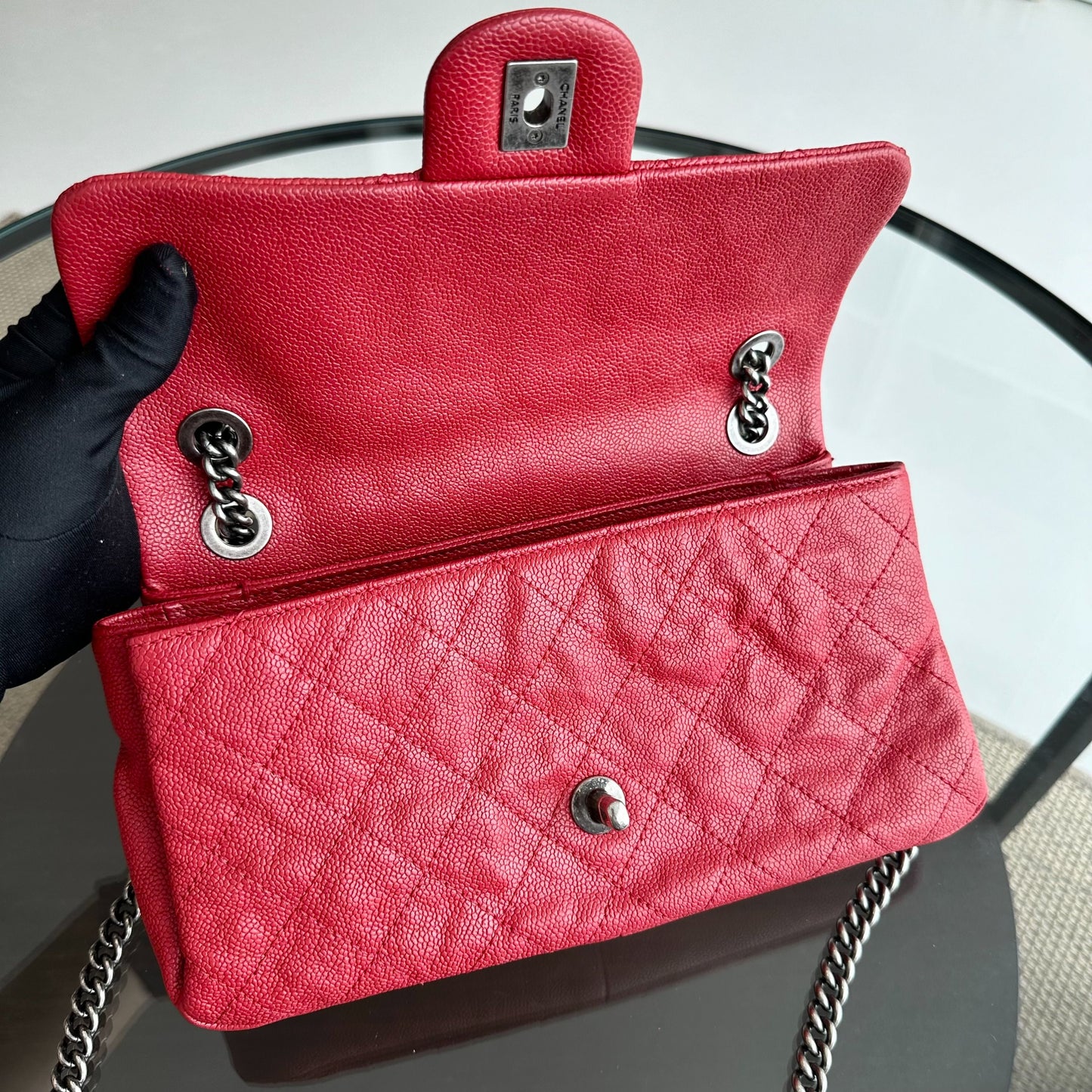 Caviar Flap Medium Triple Compartment Quilted Red RHW No 15