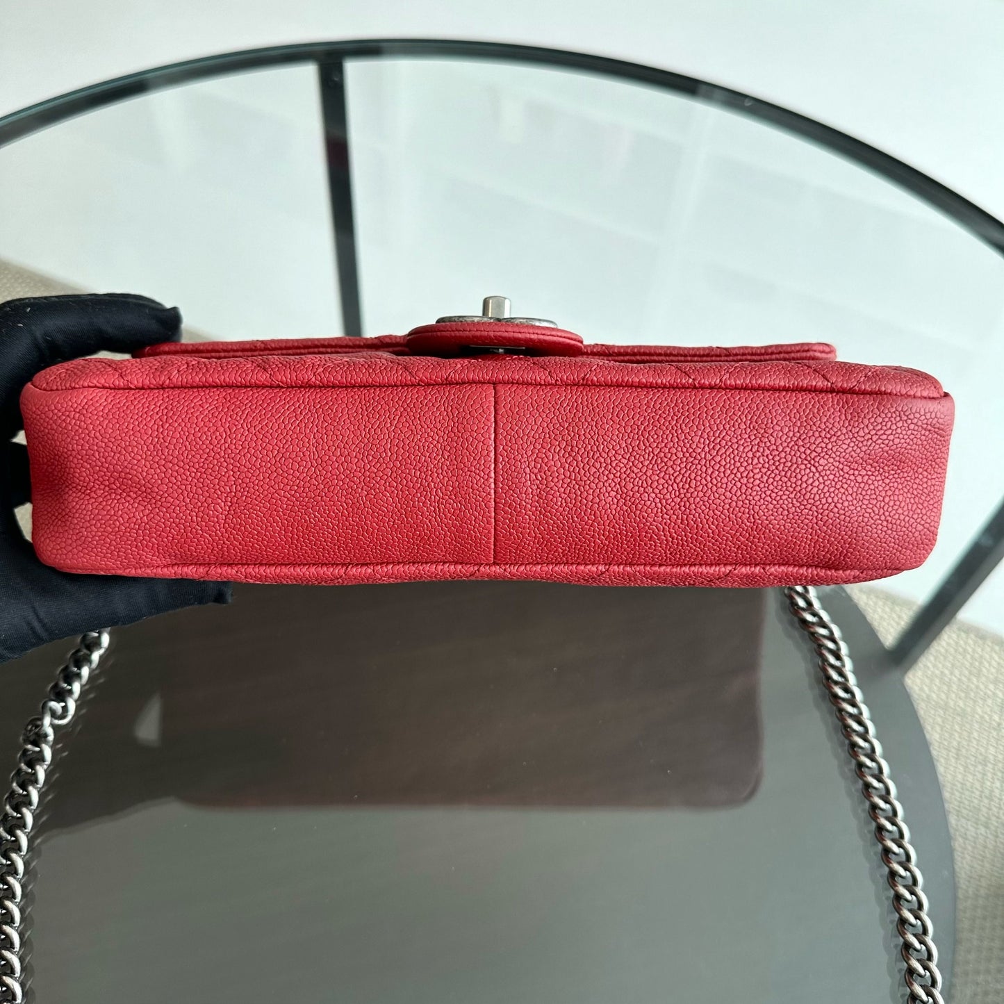 Caviar Flap Medium Triple Compartment Quilted Red RHW No 15