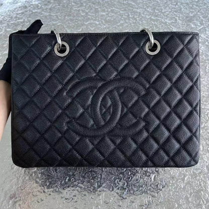 Caviar GST Grand Shopping Tote Quilted Calfskin Black Silver Hardware