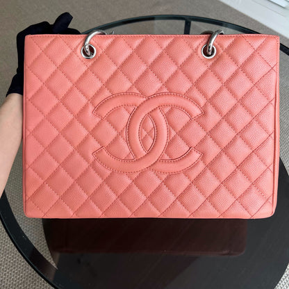 Caviar GST Grand Shopping Tote Quilted Grained Calfskin Coral Pink Silver Hardware Series 12