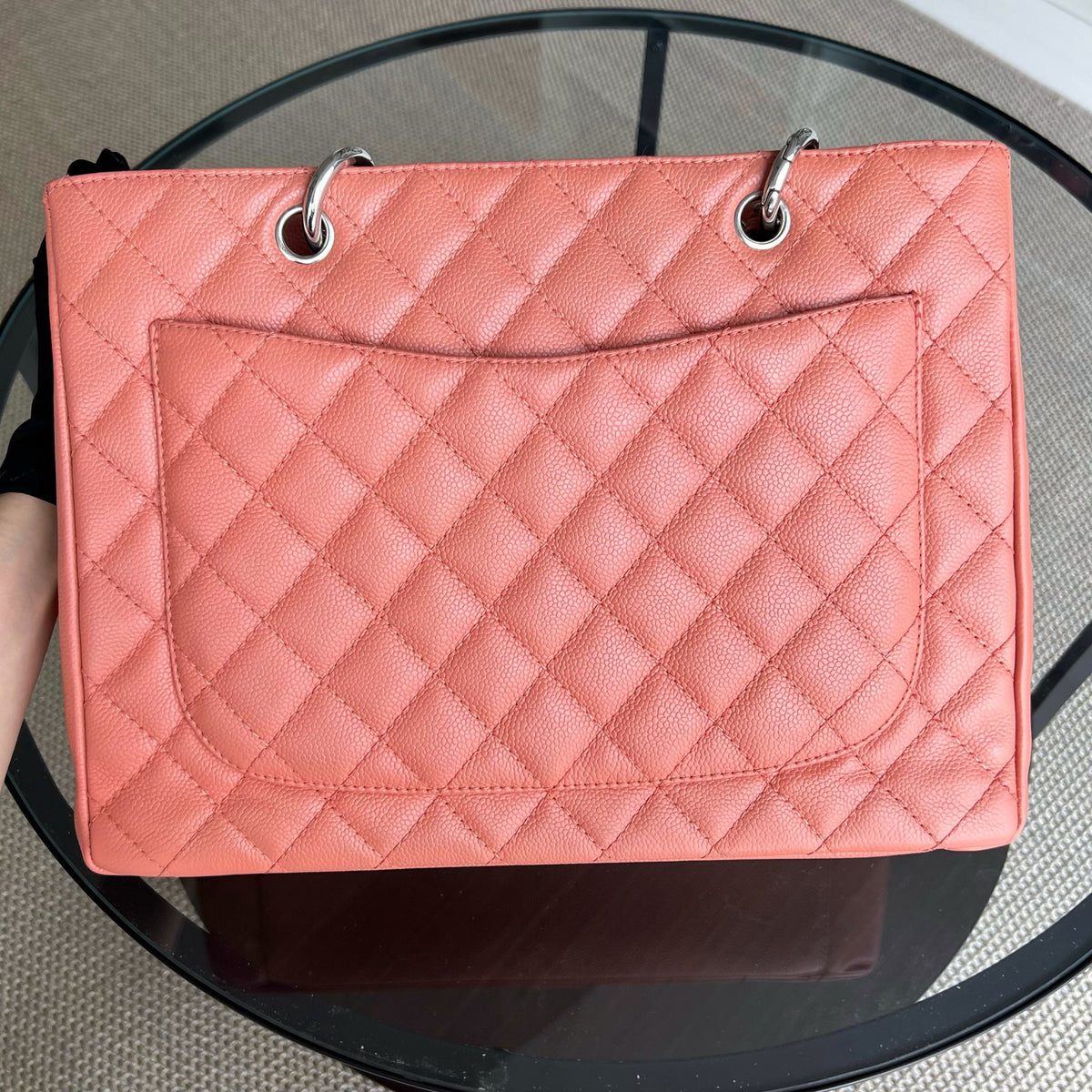 Caviar GST Grand Shopping Tote Quilted Grained Calfskin Coral Pink Silver Hardware Series 12