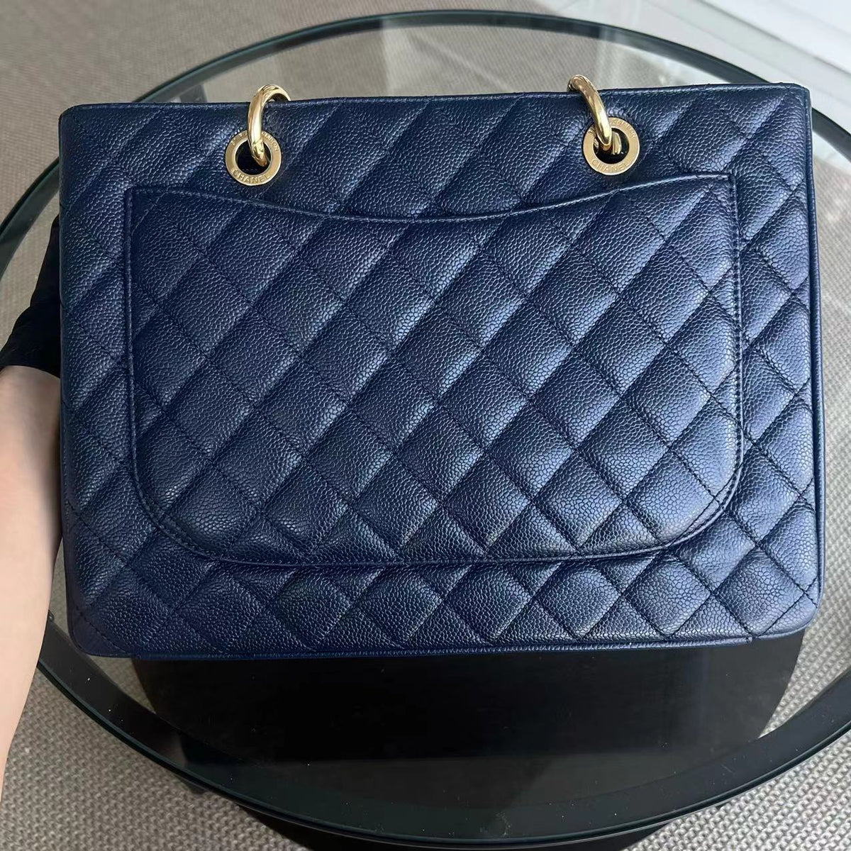 Caviar GST Grand Shopping Tote Quilted Grained Calfskin Dark Blue Golden Hardware Series 18