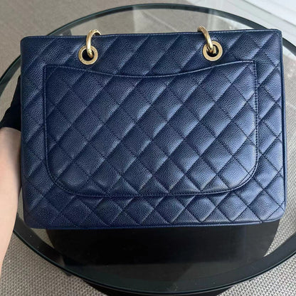 Caviar GST Grand Shopping Tote Quilted Grained Calfskin Dark Blue Golden Hardware Series 18