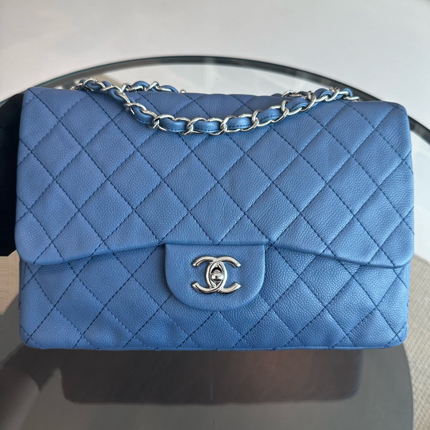 Caviar Jumbo Classic Flap 30CM Quilted Calfskin Blue SHW No 12