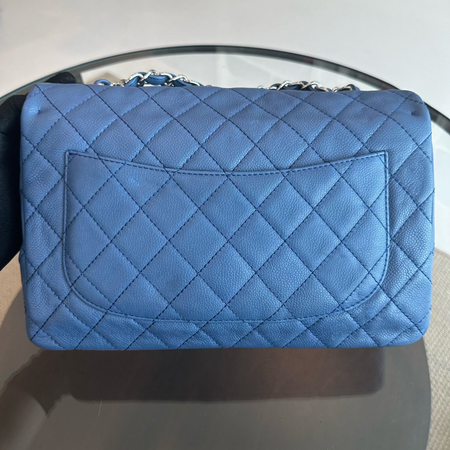 Caviar Jumbo Classic Flap 30CM Quilted Calfskin Blue SHW No 12