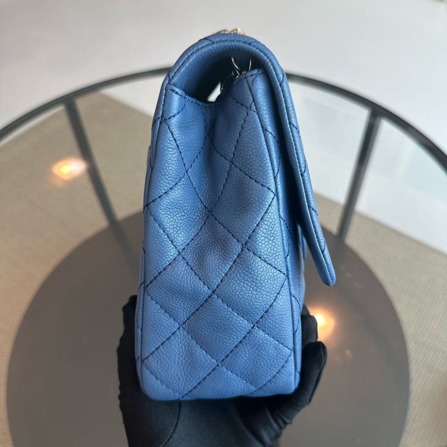 Caviar Jumbo Classic Flap 30CM Quilted Calfskin Blue SHW No 12