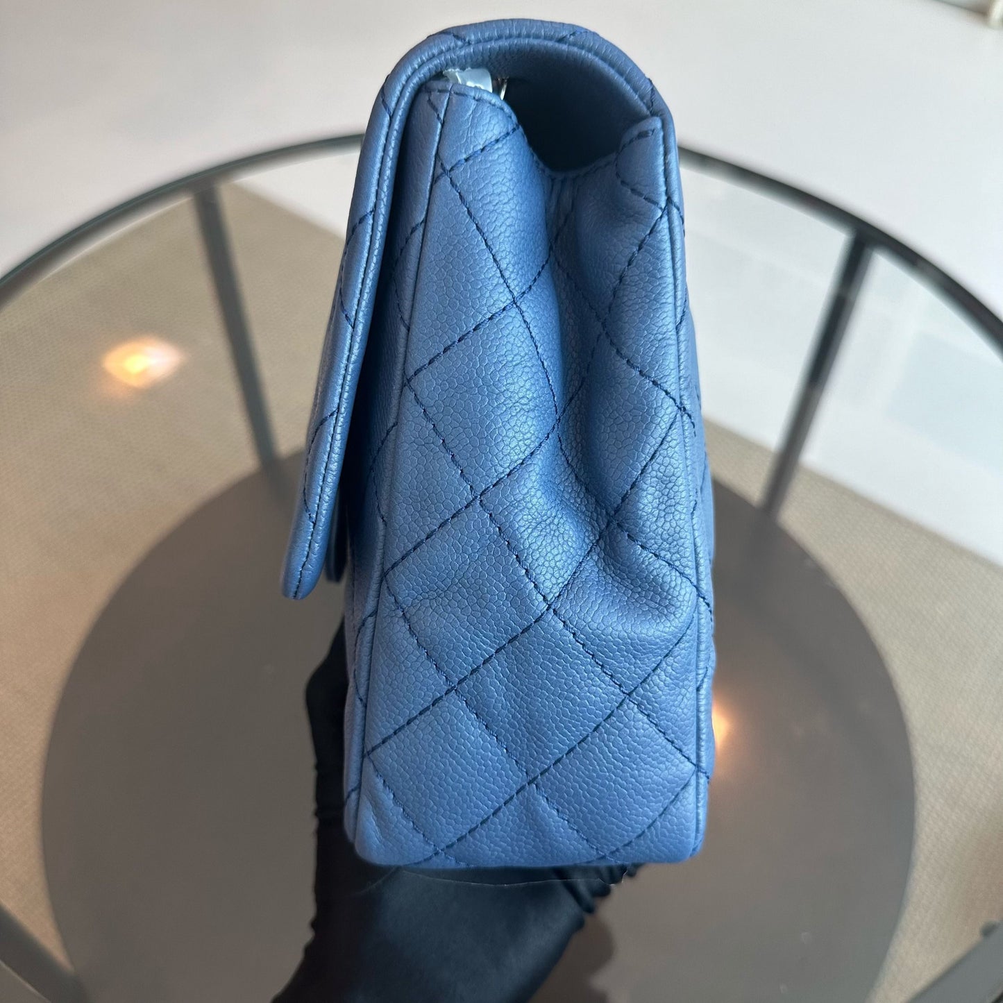 Caviar Jumbo Classic Flap 30CM Quilted Calfskin Blue SHW No 12